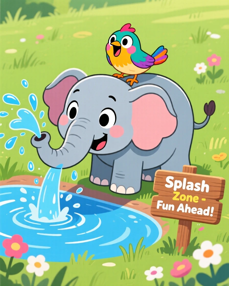 A baby elephant and a small bird splashing together at a watering hole.