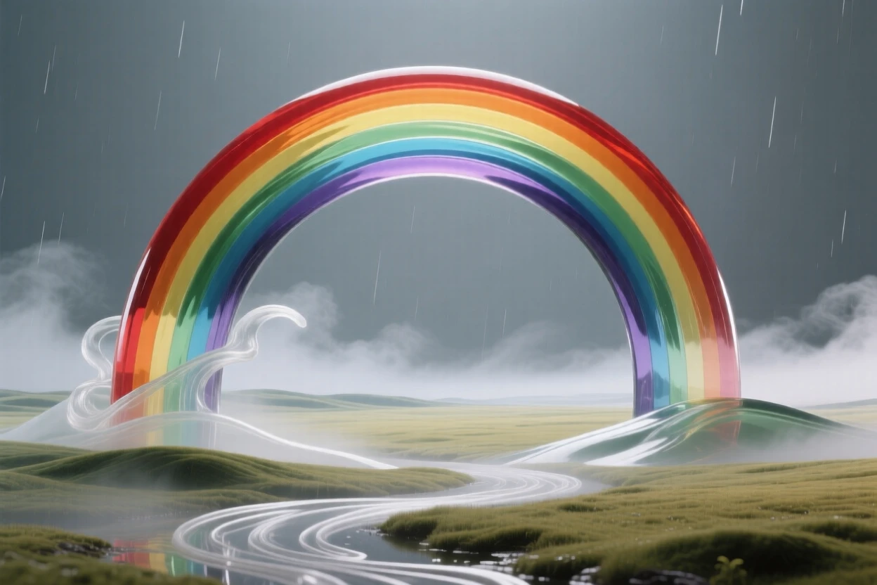 A rainbow arching over a wide open plain after a storm while mist rises slowly from the valley below
