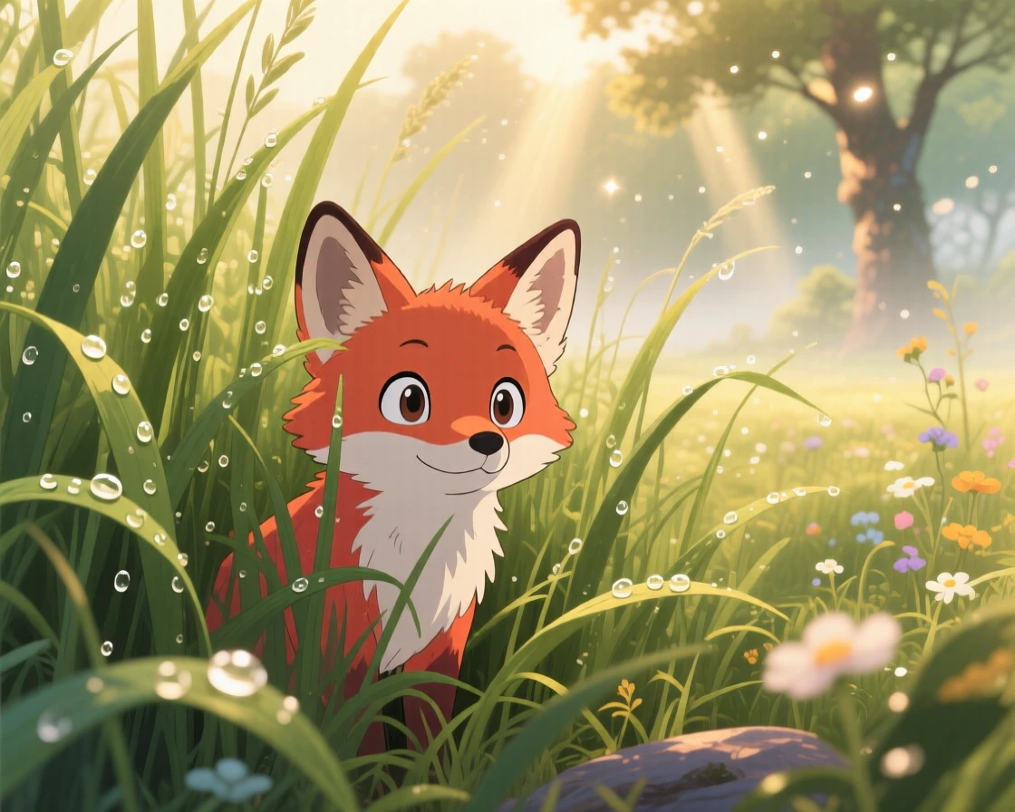 A small fox curiously peeking out from tall grass, with morning dew glistening on the grass nearby, radiating pure charm.