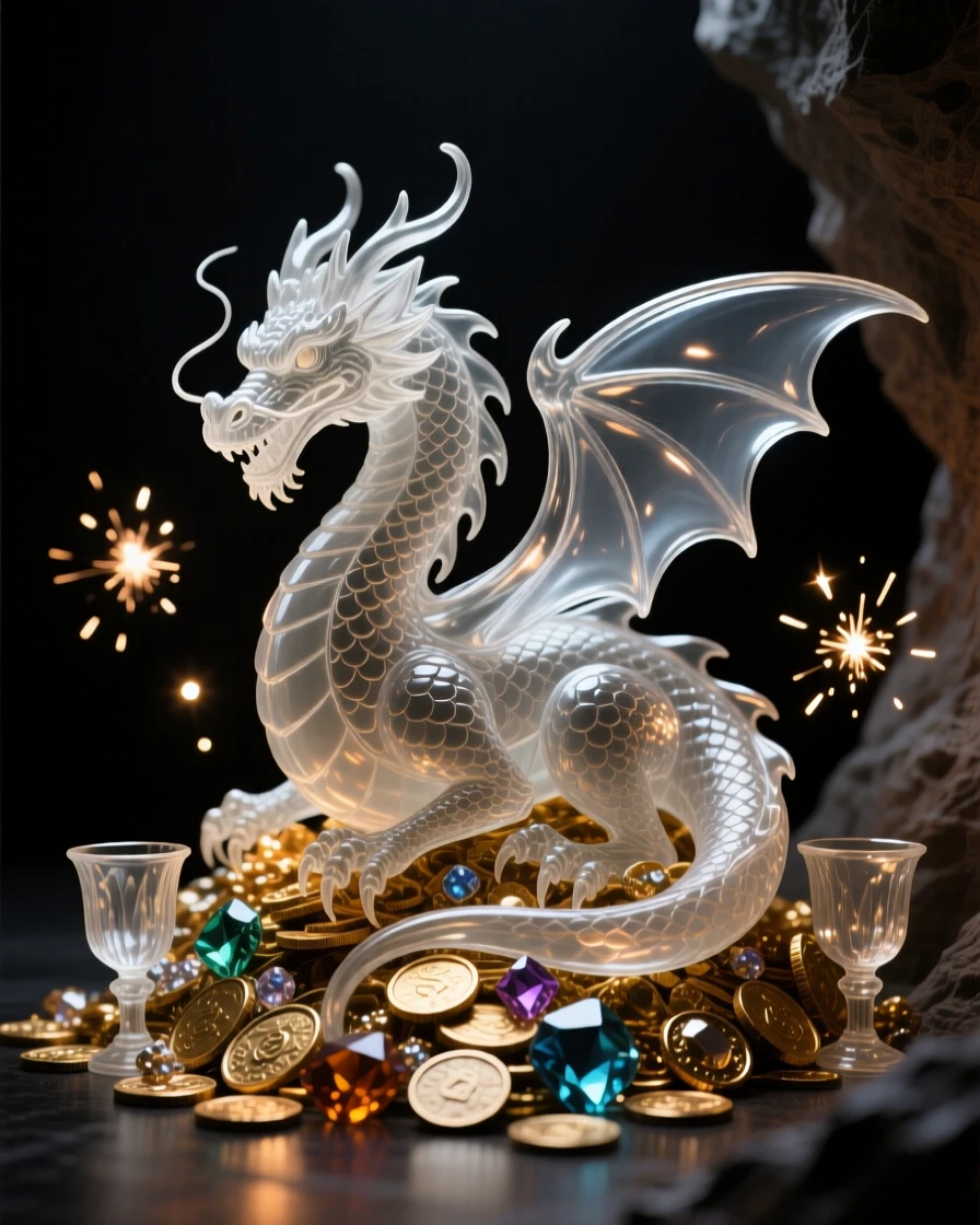 A wise old dragon guarding a hoard of treasure in a cave while sparks drift upward into the night air