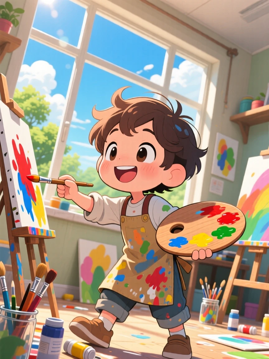 Dynamic diagonal composition of a young painter, mixing colors on a wooden palette, in a sunlit art studio, under a clear summer sky, illuminated by bright midday sun, radiating delighted joy.