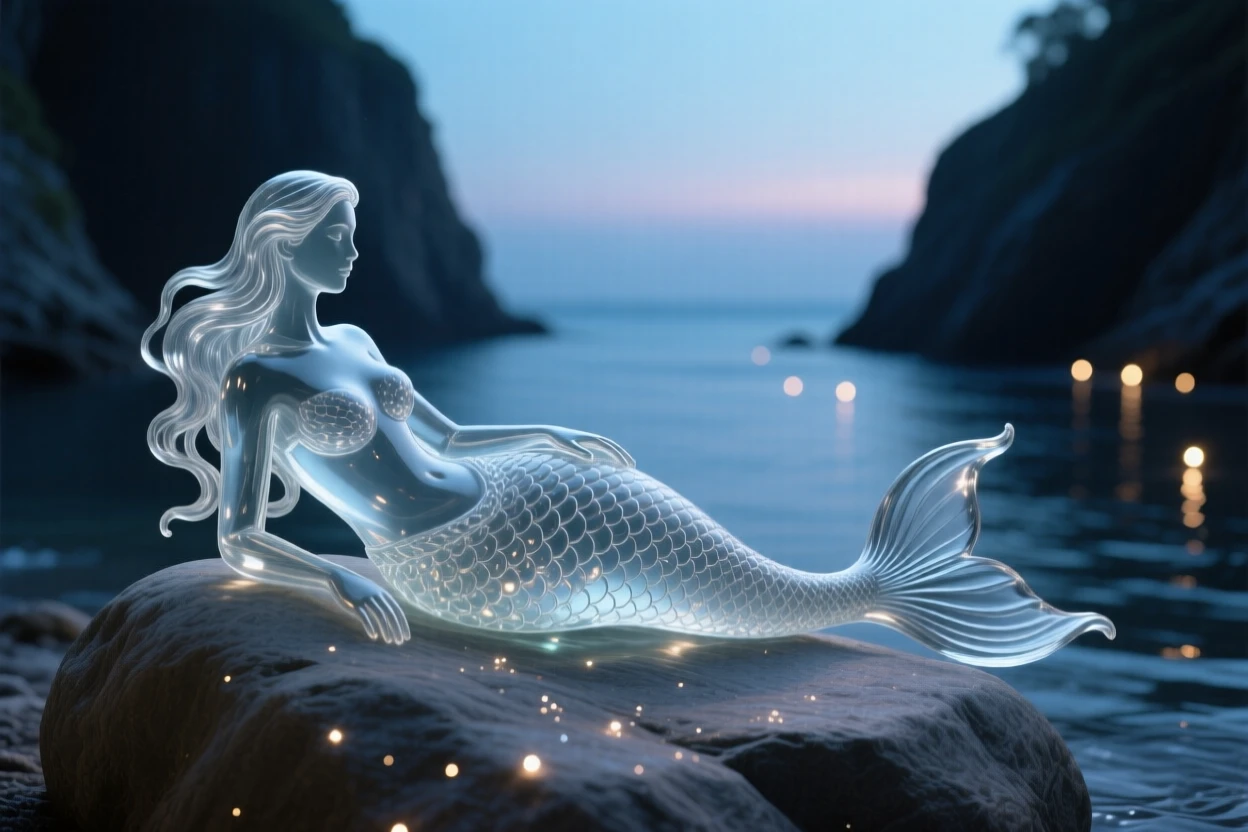 A mermaid resting on a rock at the edge of a hidden cove while distant lights flicker like scattered stars