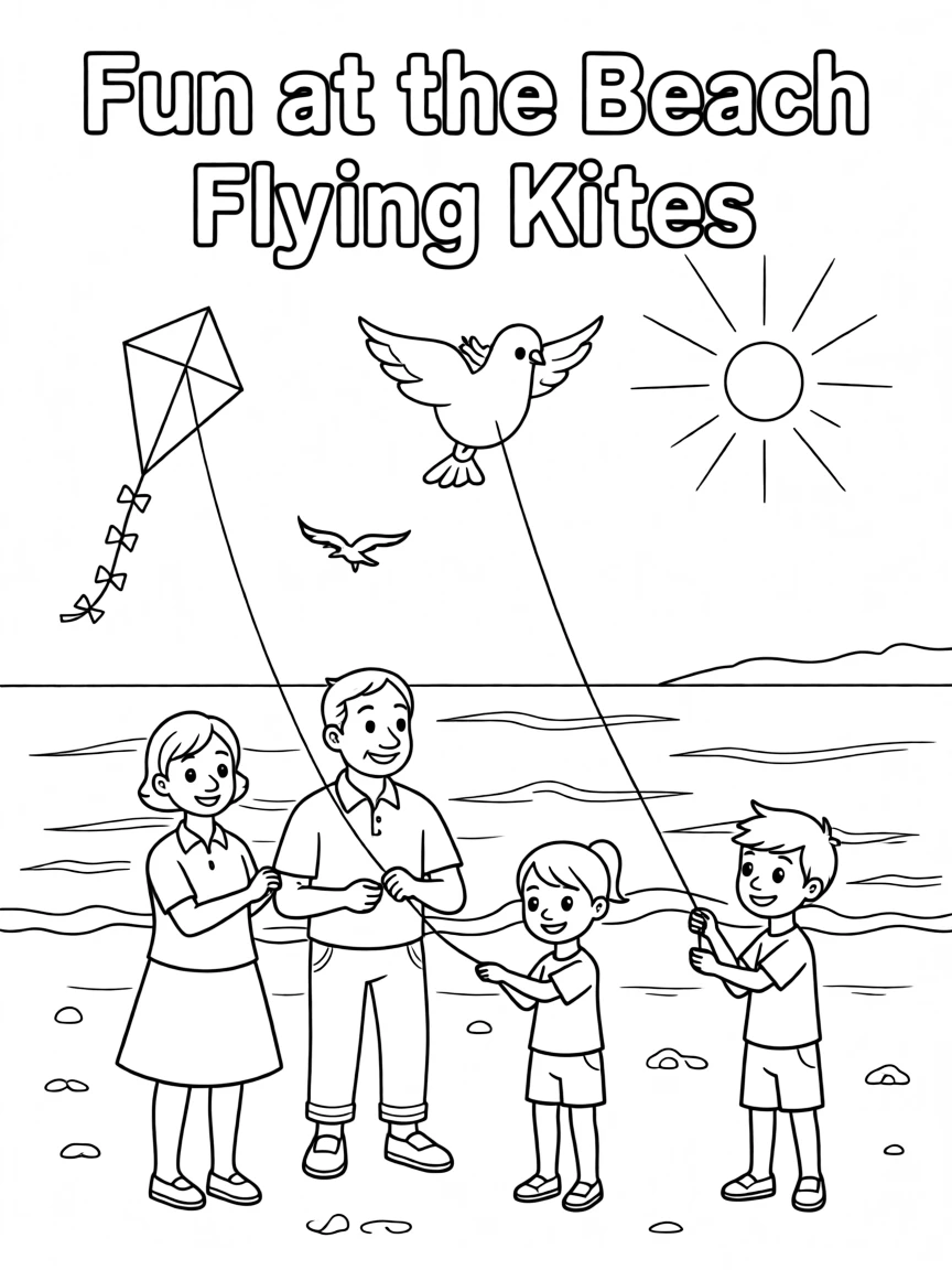 Grandparents and grandchildren flying kites at the beach
