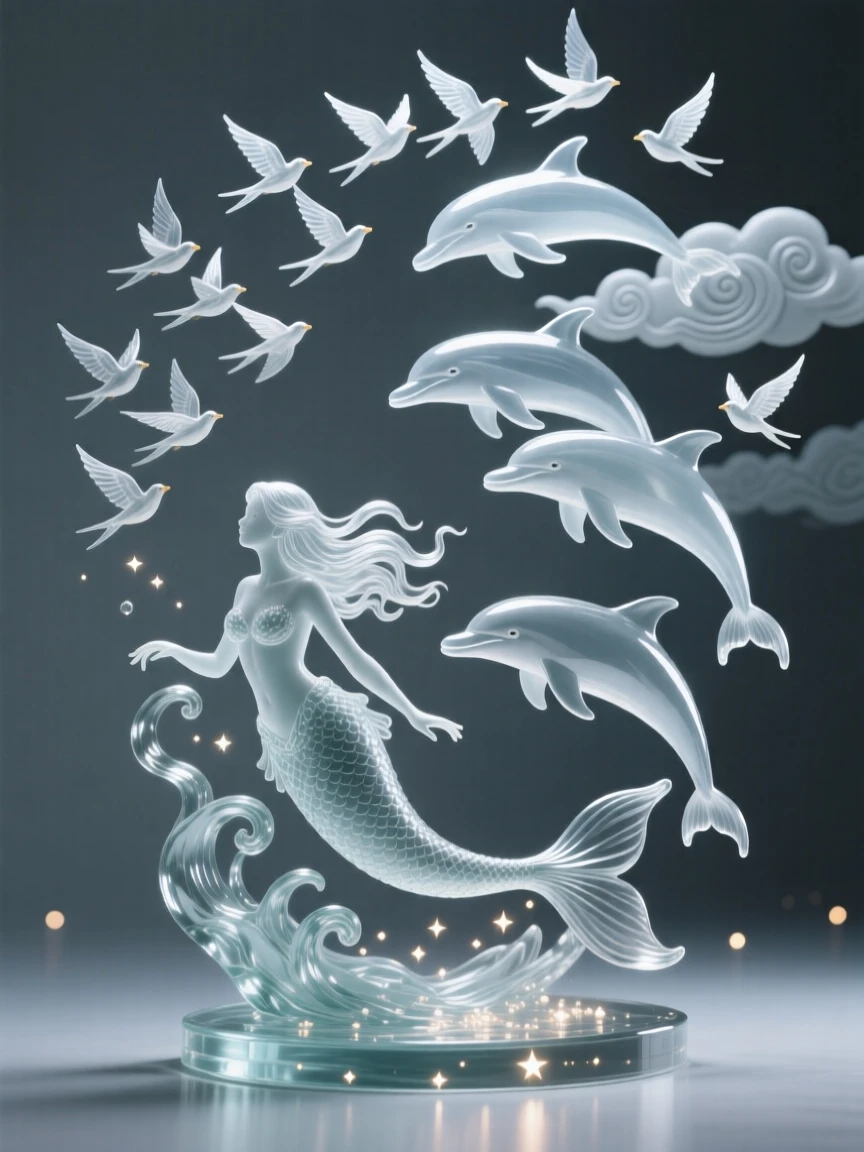 As hundreds of birds circle through the surrounding clouds, a mermaid swimming alongside a pod of dolphins, while distant lights flicker like scattered stars