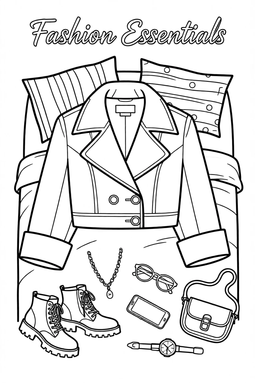 A cropped jacket with an oversized collar and statement buttons, laid out on a bed surrounded by scattered accessories.