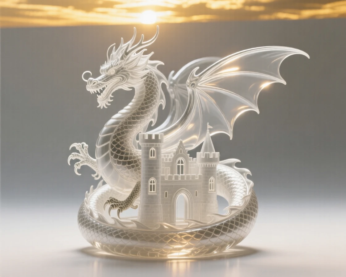 Beneath a sky split by streaks of golden light, a dragon curled protectively around an ancient castle, while distant lights flicker like scattered stars