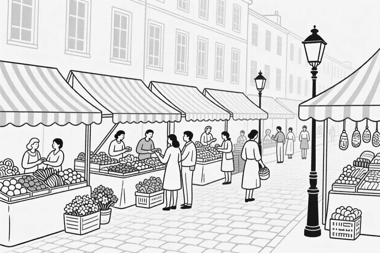 A city street market bustling beneath rows of awnings