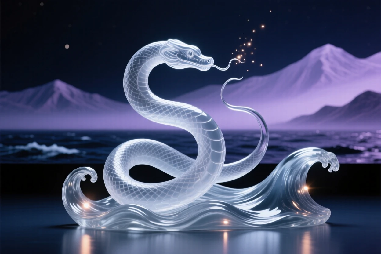 With distant mountains fading into a purple mist, a sea serpent coiling gracefully through ocean waves, while sparks drift upward into the night air