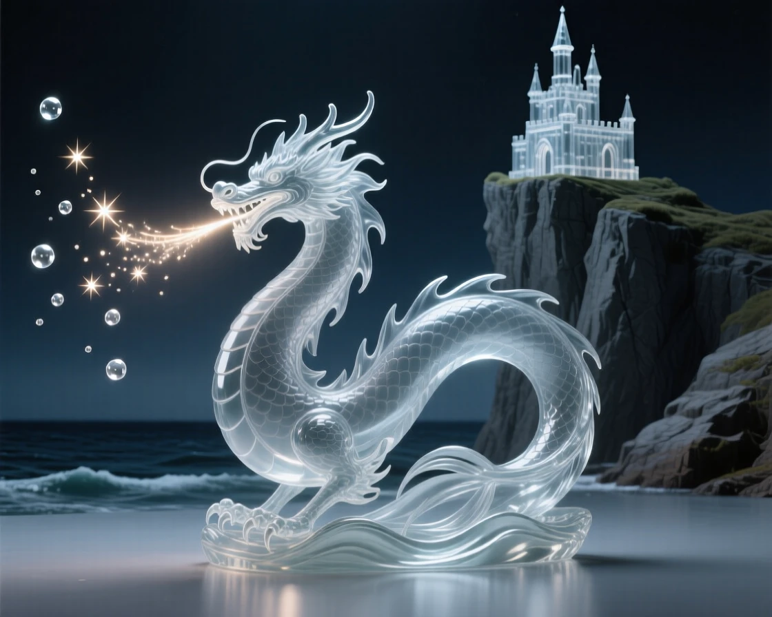 A dragon breathing a gentle stream of light into the night sky with a castle perched on a distant cliff above the sea, while sparks drift upward into the night air