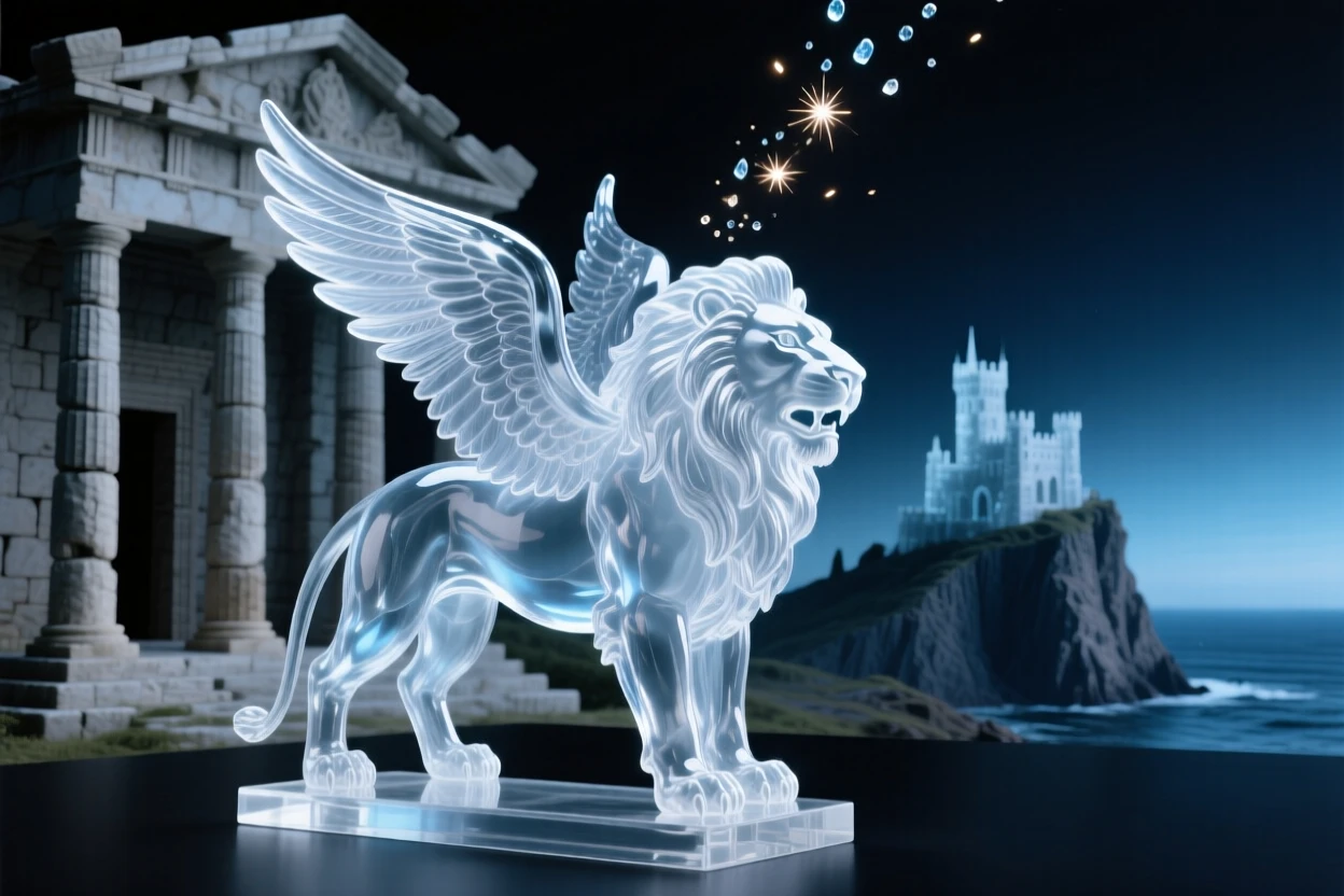 A winged lion standing guard before an ancient temple with a castle perched on a distant cliff above the sea, while sparks drift upward into the night air