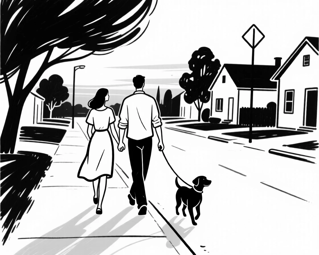 A couple walking their dog along a quiet neighborhood street at dusk.