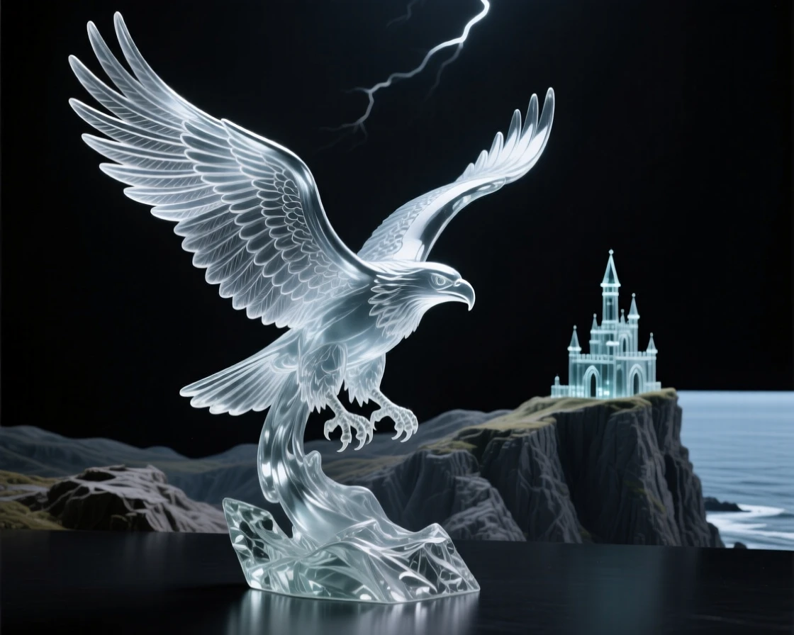 A thunderbird spreading its wings above a stormy canyon with a castle perched on a distant cliff above the sea