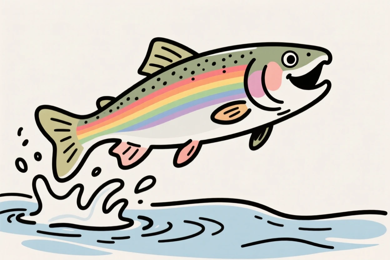 A cheerful cartoon rainbow trout leaping out of a cartoon stream.