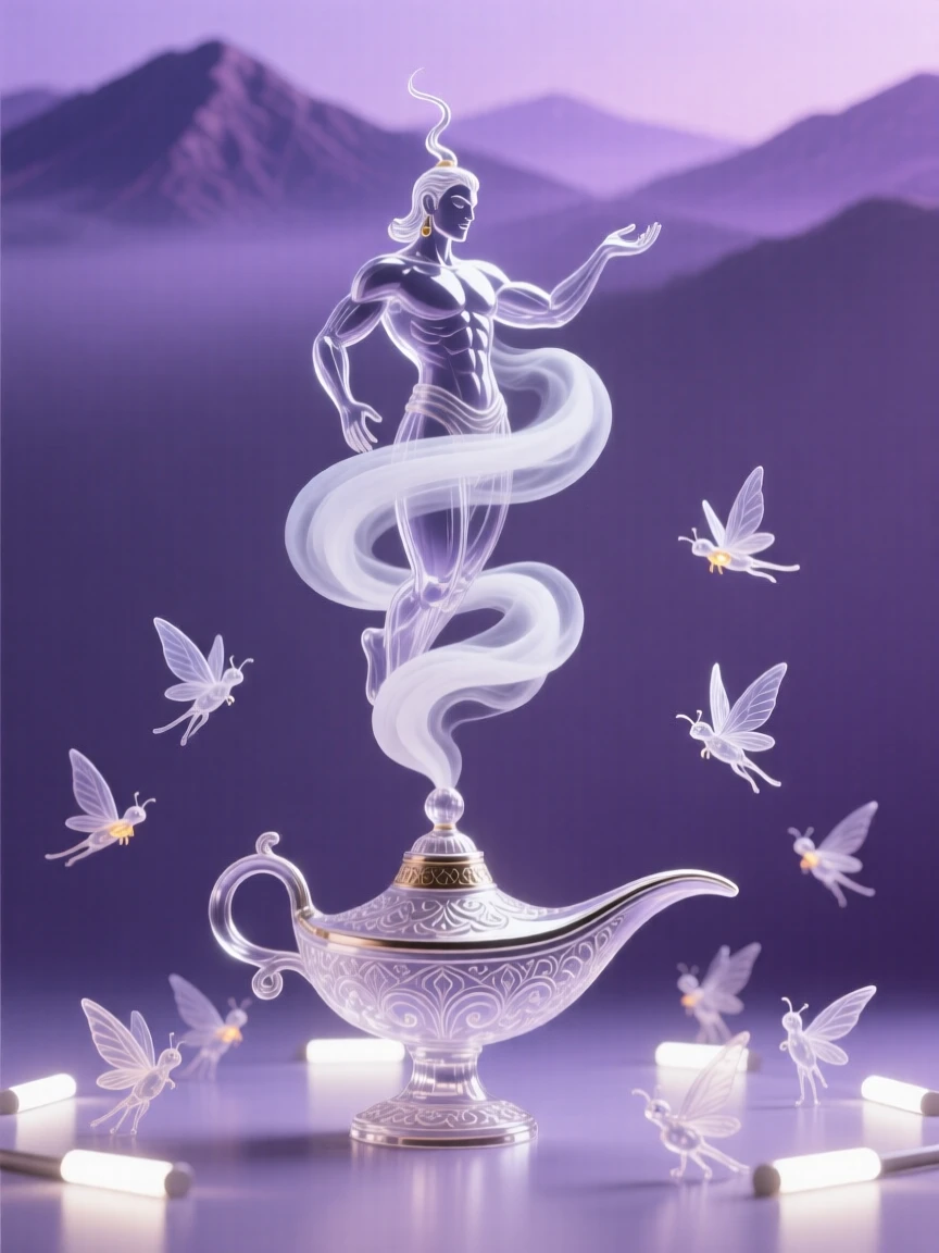 A genie rising in a spiral of smoke above an ancient lamp with distant mountains fading into a purple mist, while a flock of smaller creatures scatters into flight