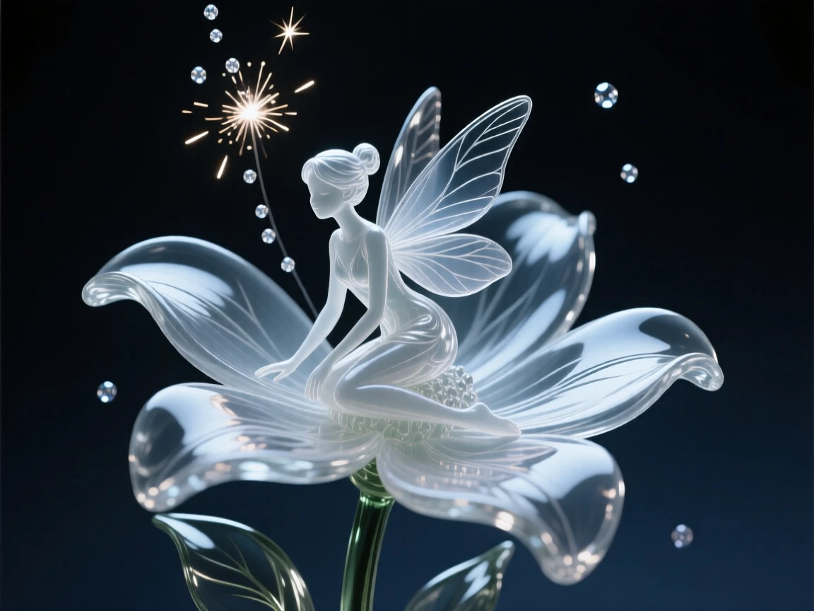 A fairy resting on the petal of an oversized flower while sparks drift upward into the night air