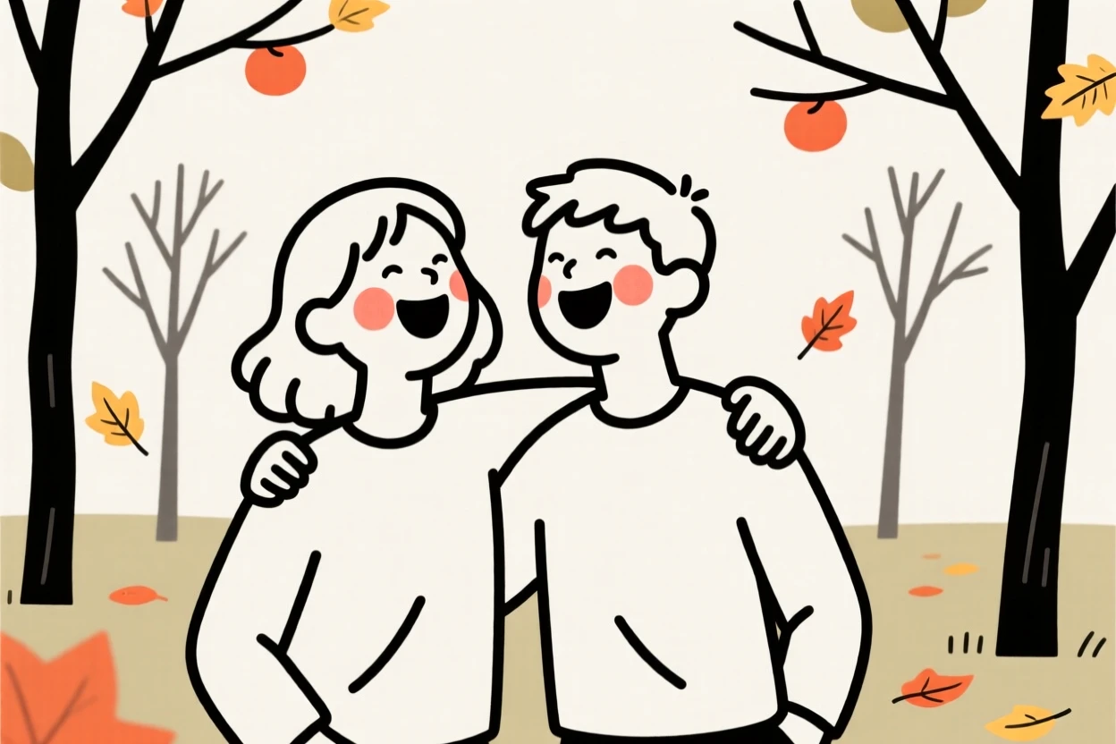 Two best friends of Irish heritage, laughing joyfully, in an autumn orchard.