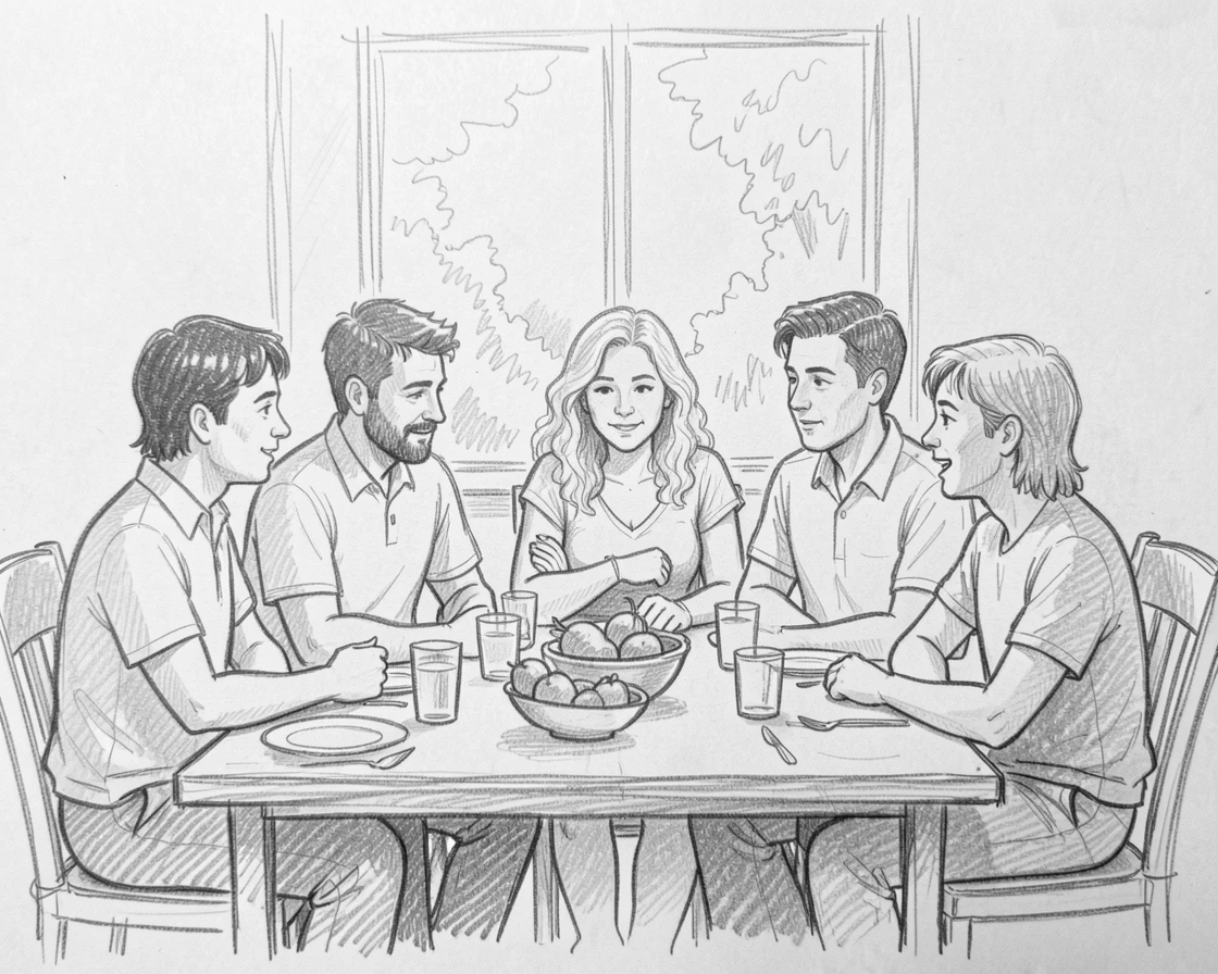 An emotional scene of a family gathered around a dinner table during a warm summer evening, captured in a tender, unguarded moment.