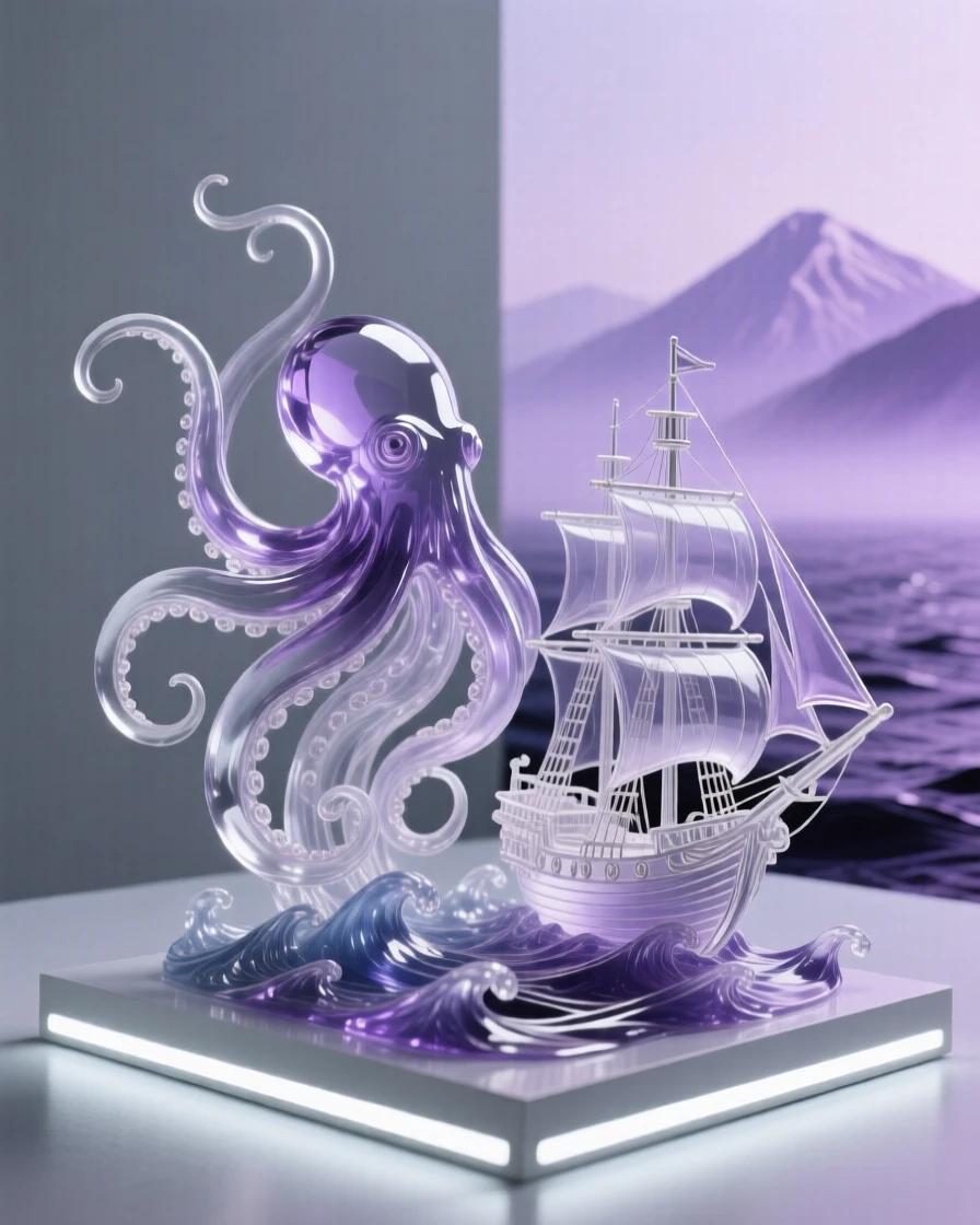 A kraken rising from the depths beside a small ship, with distant mountains fading into a purple mist