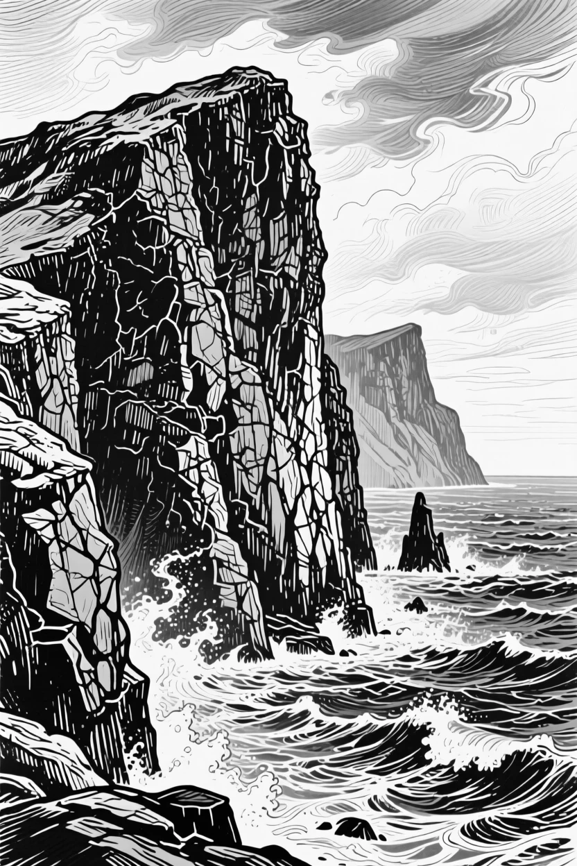 The dramatic cliffs of the Faroe Islands rising from a stormy sea.