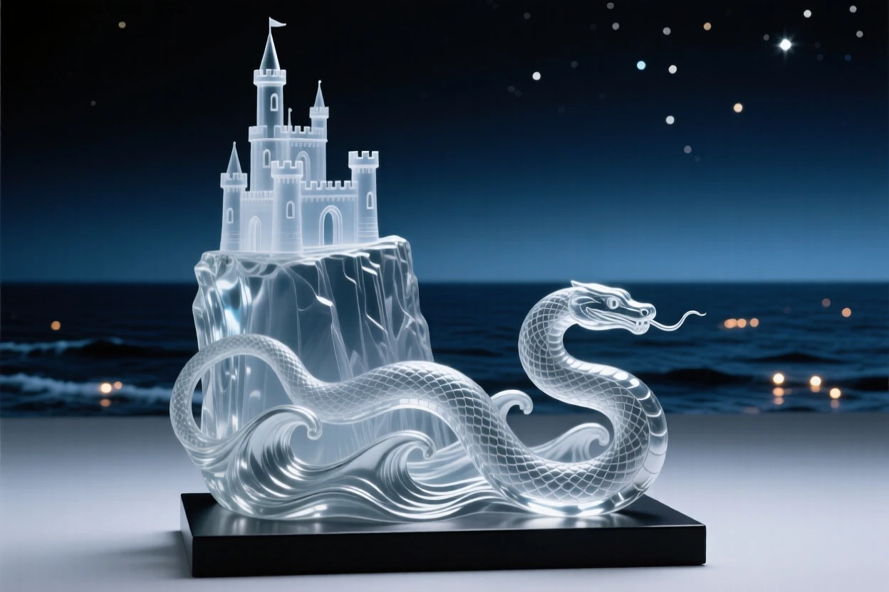 With a castle perched on a distant cliff above the sea, a sea serpent coiling gracefully through ocean waves, while distant lights flicker like scattered stars
