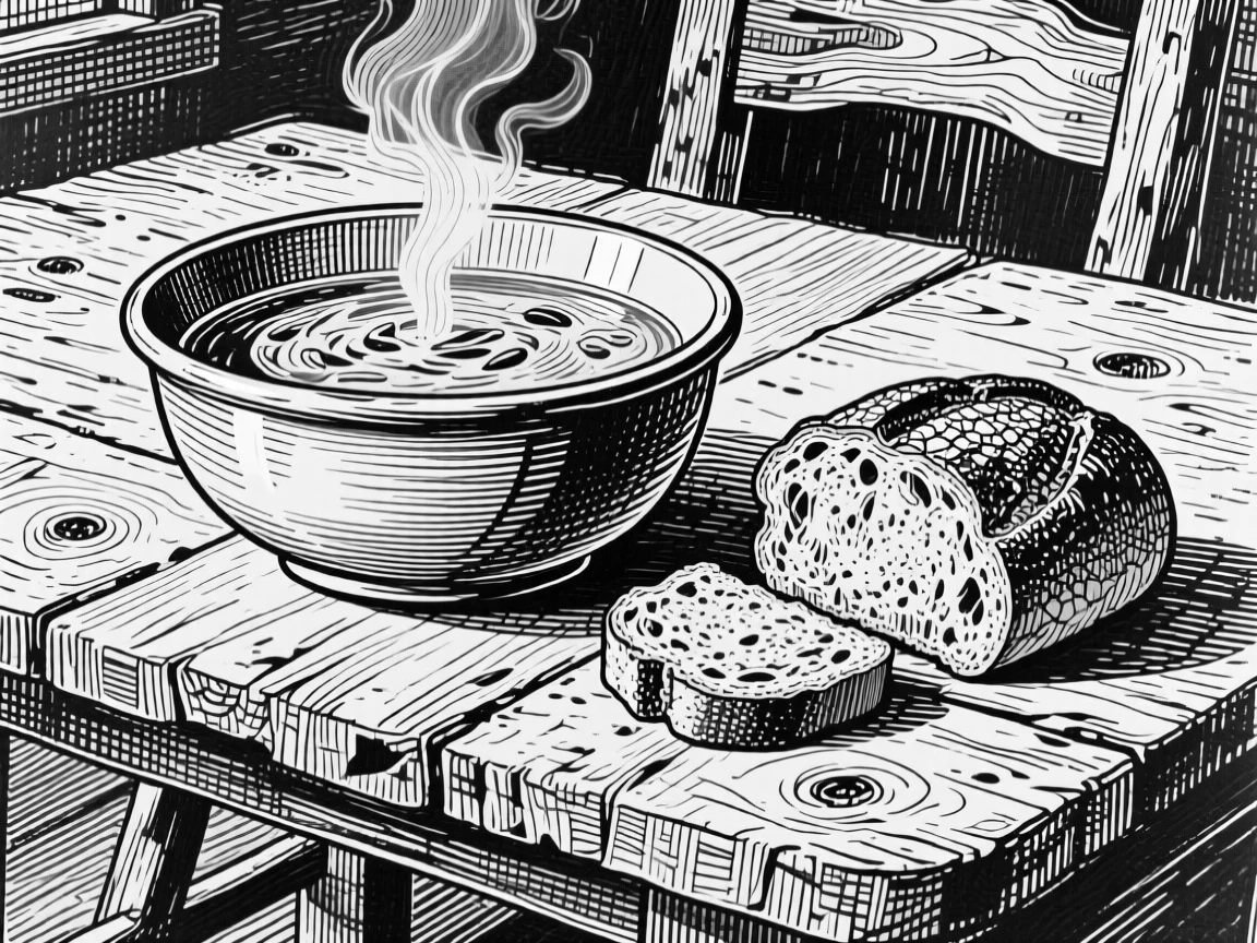 A bowl of soup with crusty bread set on a farmhouse table, with the rich texture of the crust visible in detail, presented in a rustic and homely culinary still life.