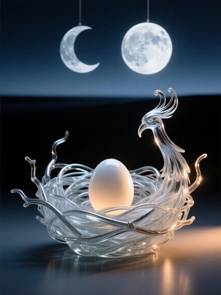 A phoenix nest cradling a single glowing egg beneath twin moons hanging low over the horizon