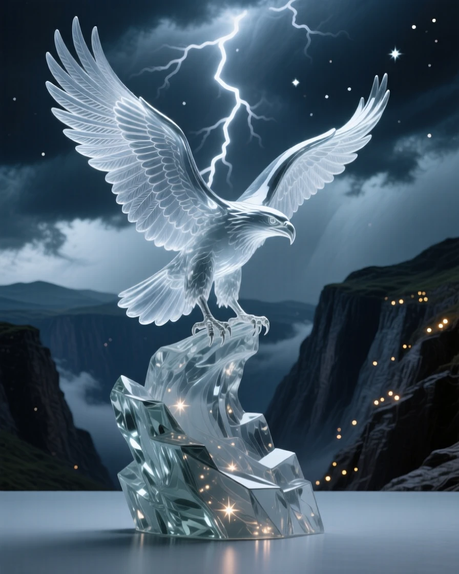 A thunderbird spreading its wings above a stormy canyon while distant lights flicker like scattered stars