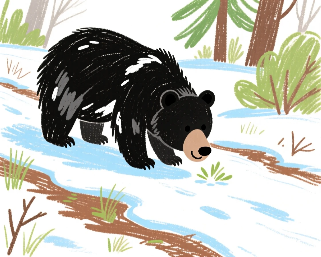 A black bear foraging quietly along the edge of a snowy trail.
