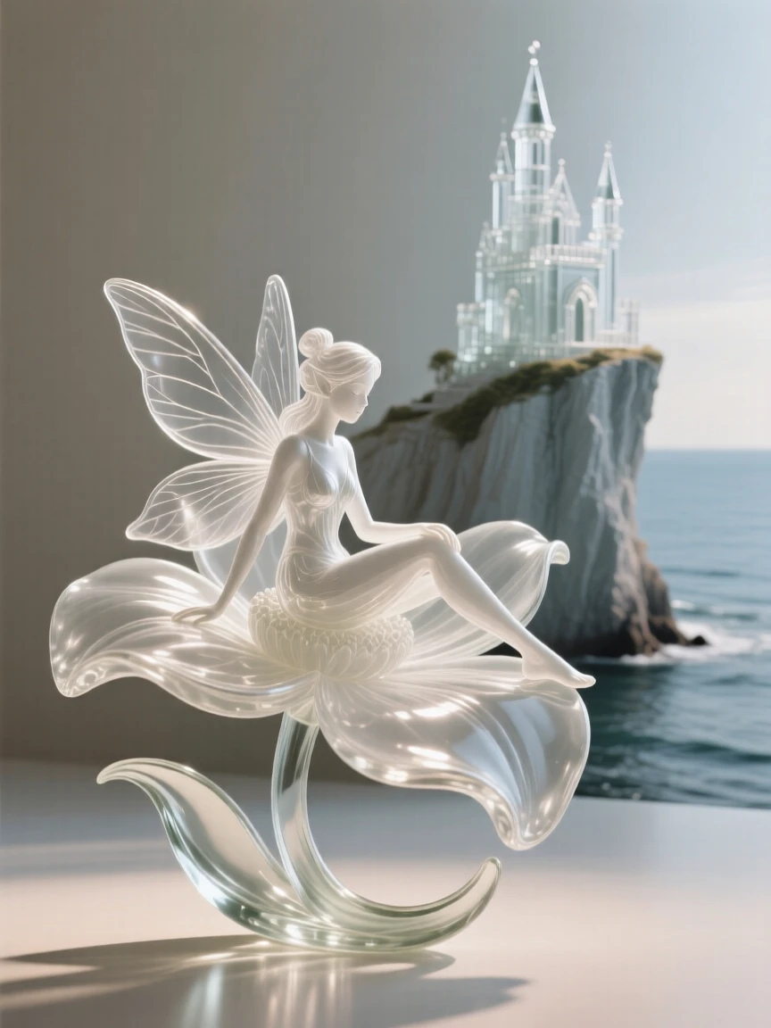A fairy resting on the petal of an oversized flower with a castle perched on a distant cliff above the sea