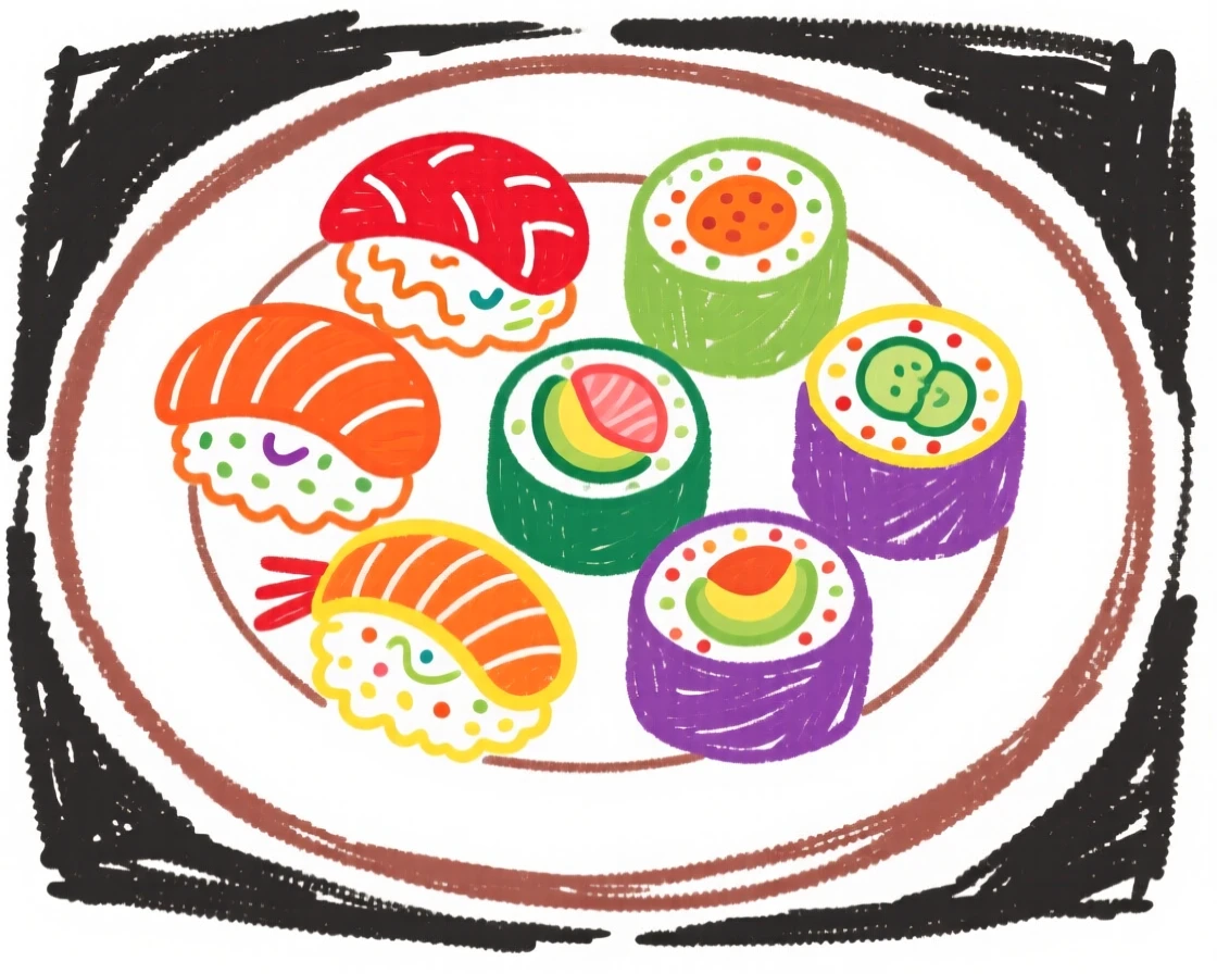 A plate of colorful sushi rolls arranged neatly.
