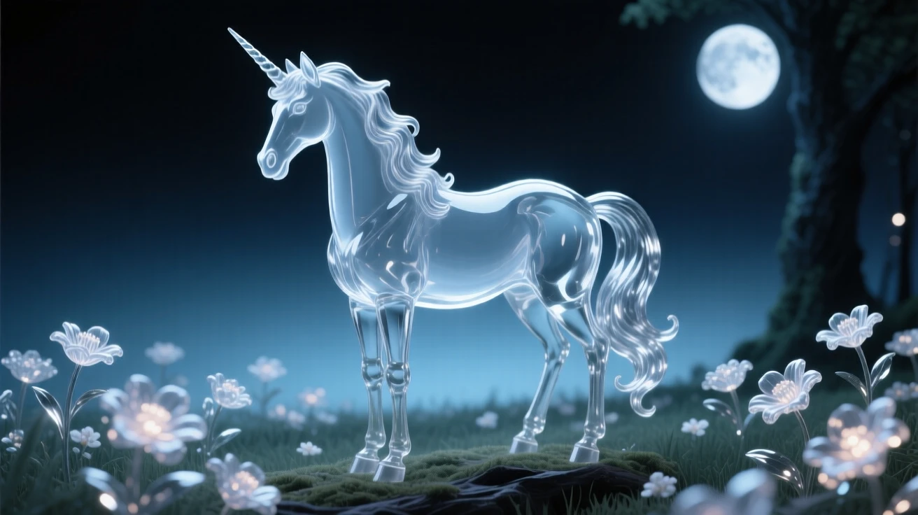 As moonlight spills across a field of glowing flowers, a unicorn standing at the edge of an enchanted forest