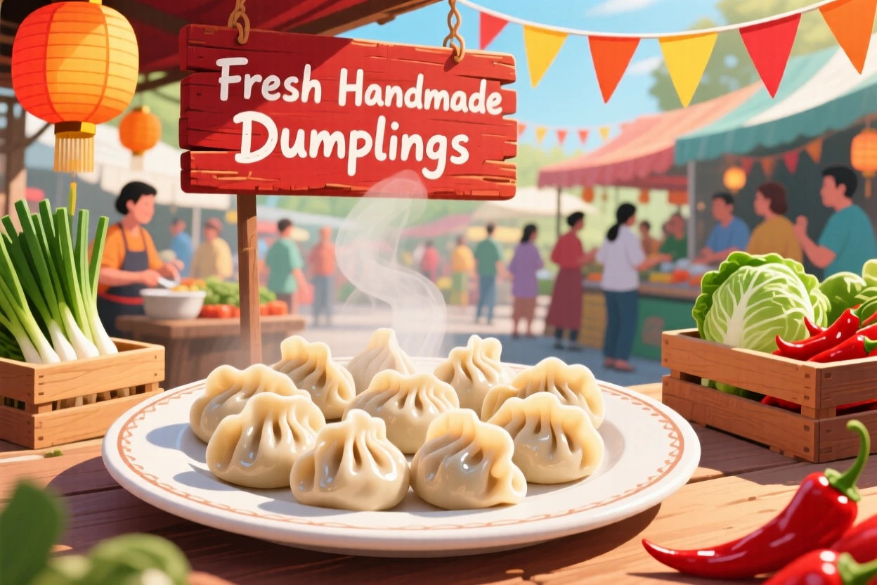 A plate of dumplings arranged in a neat circular pattern, set within a bustling outdoor market stall, captured with a close, mouthwatering focus, with a joyful, celebratory feel.