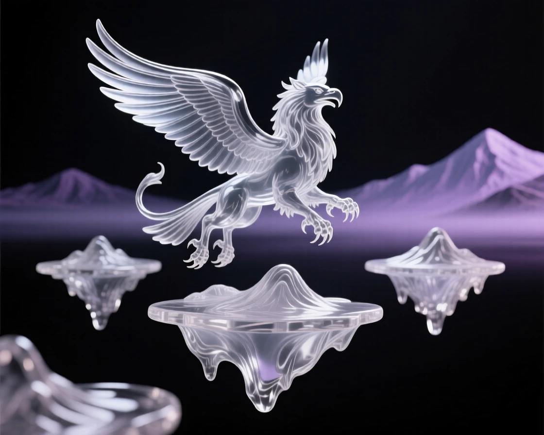 A griffin soaring above a range of floating islands with distant mountains fading into a purple mist