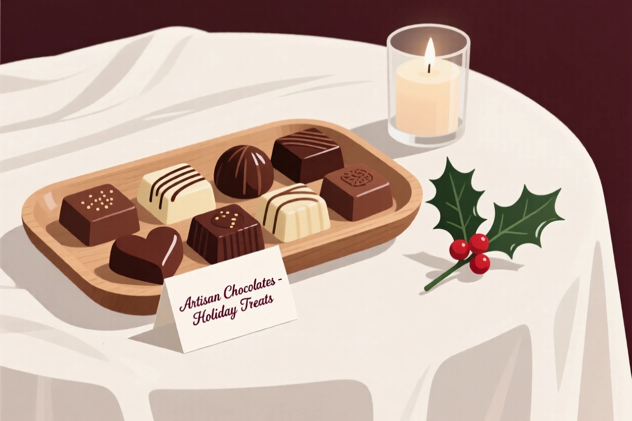 A display of artisan chocolates beautifully displayed on a linen tablecloth at a holiday feast.