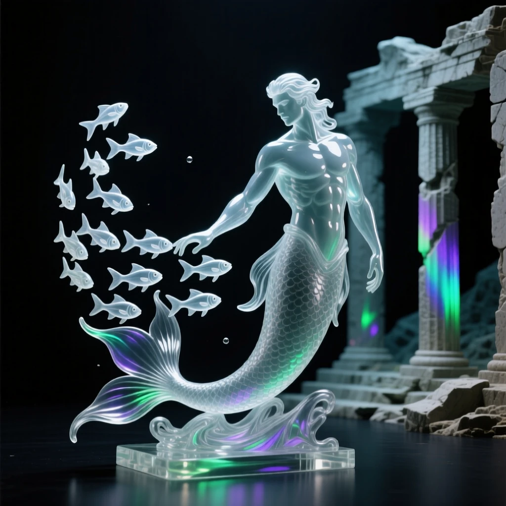 A merman guiding a school of fish through a sunken temple, beneath a sky filled with swirling northern lights