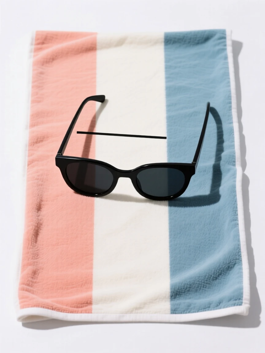A pair of sunglasses on a beach towel