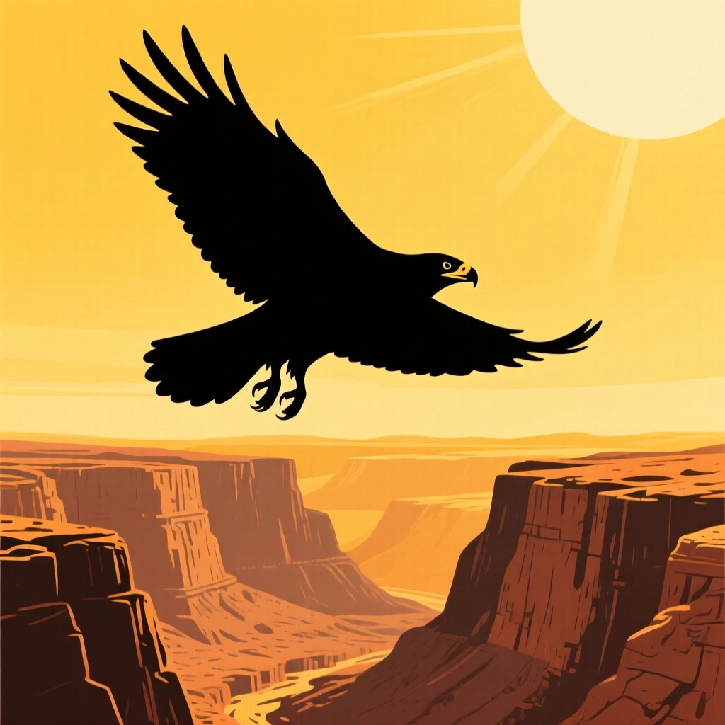 A hawk circling high above a golden canyon at midday.