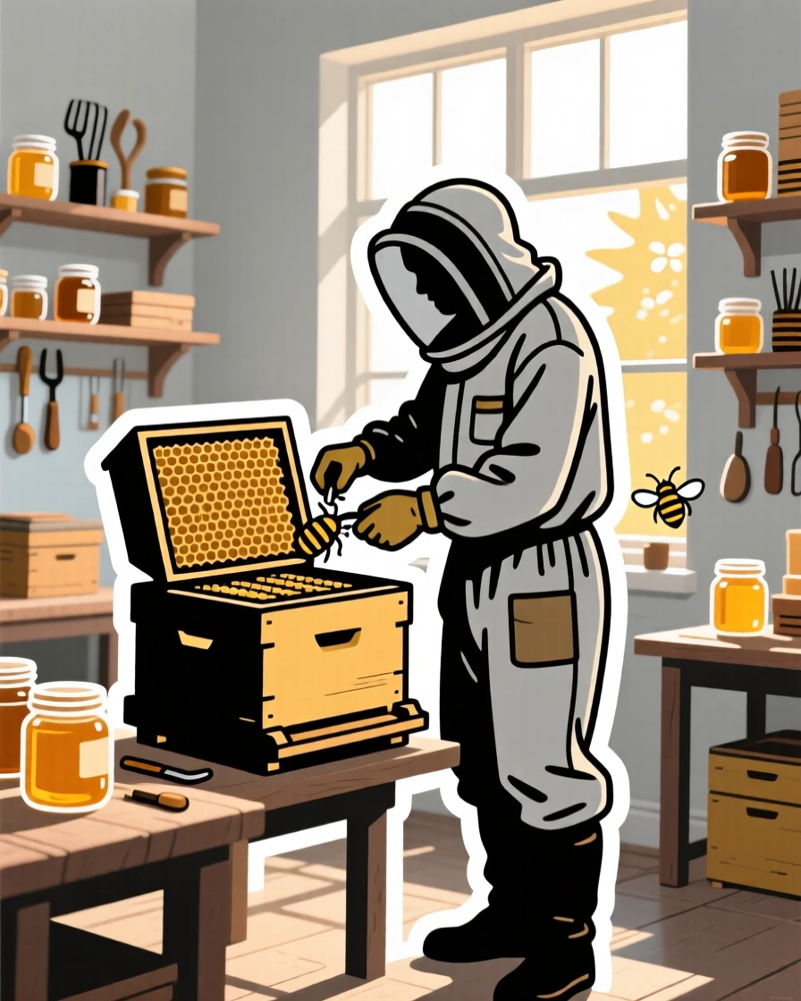 A completely absorbed beekeeper tending to a hive in a sunny field, with a look of quiet satisfaction, in a sunlit studio filled with supplies.