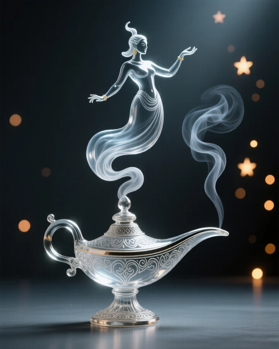A genie rising in a spiral of smoke above an ancient lamp while distant lights flicker like scattered stars