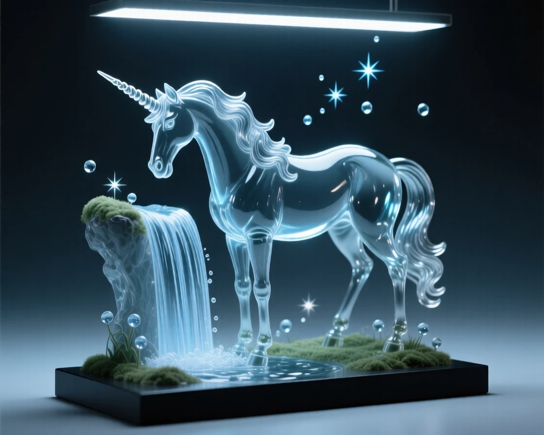 A unicorn grazing beside a waterfall in an enchanted glade while sparks drift upward into the night air