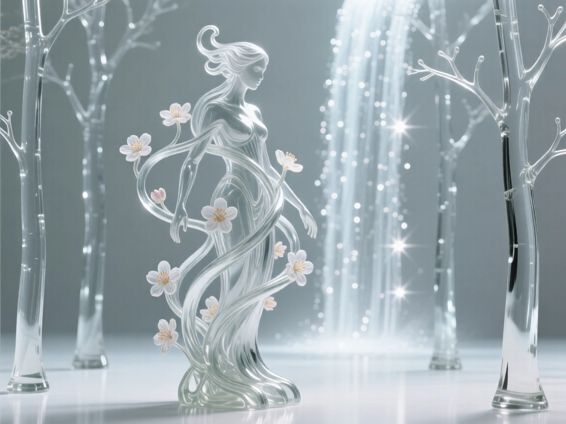 A forest spirit made of vines and blossoms standing among the trees as a waterfall of stardust cascades in the background