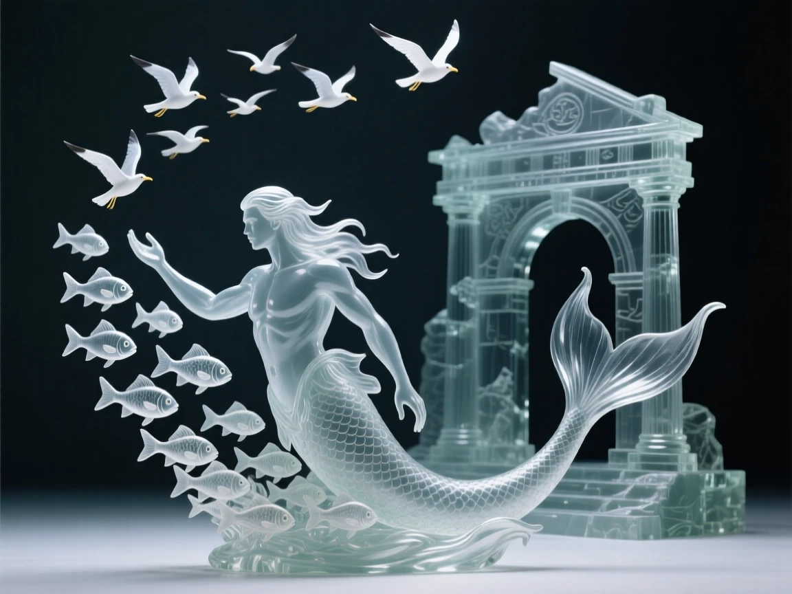Beneath a sky split by streaks of golden light, a merman guiding a school of fish through a sunken temple, while a flock of smaller creatures scatters into flight