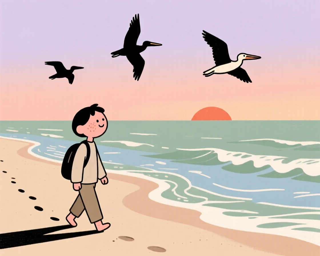 Waves roll gently onto a quiet sandy beach where a lone traveler walk along the shoreline, watching the sunset together as pelicans glide overhead.