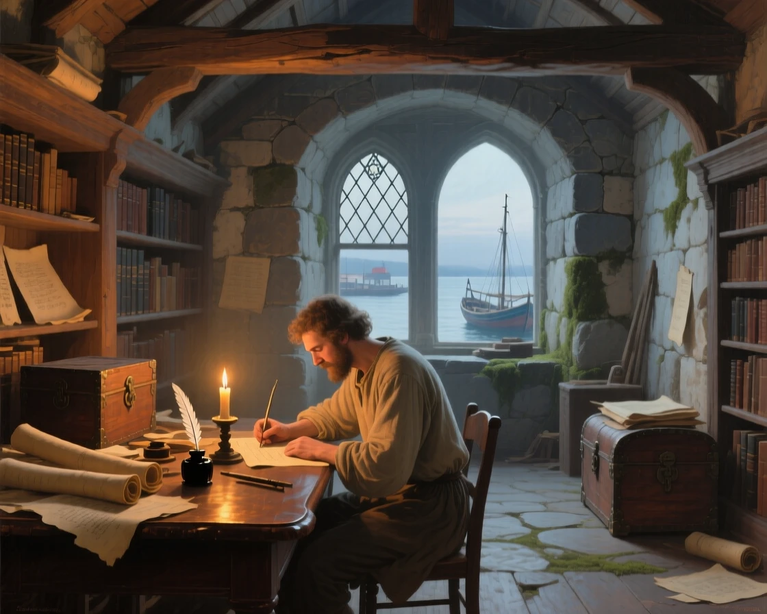 A sweeping wide shot of a scribe copying manuscripts by candlelight in a stone library, in a New England fishing town, in antiquity.