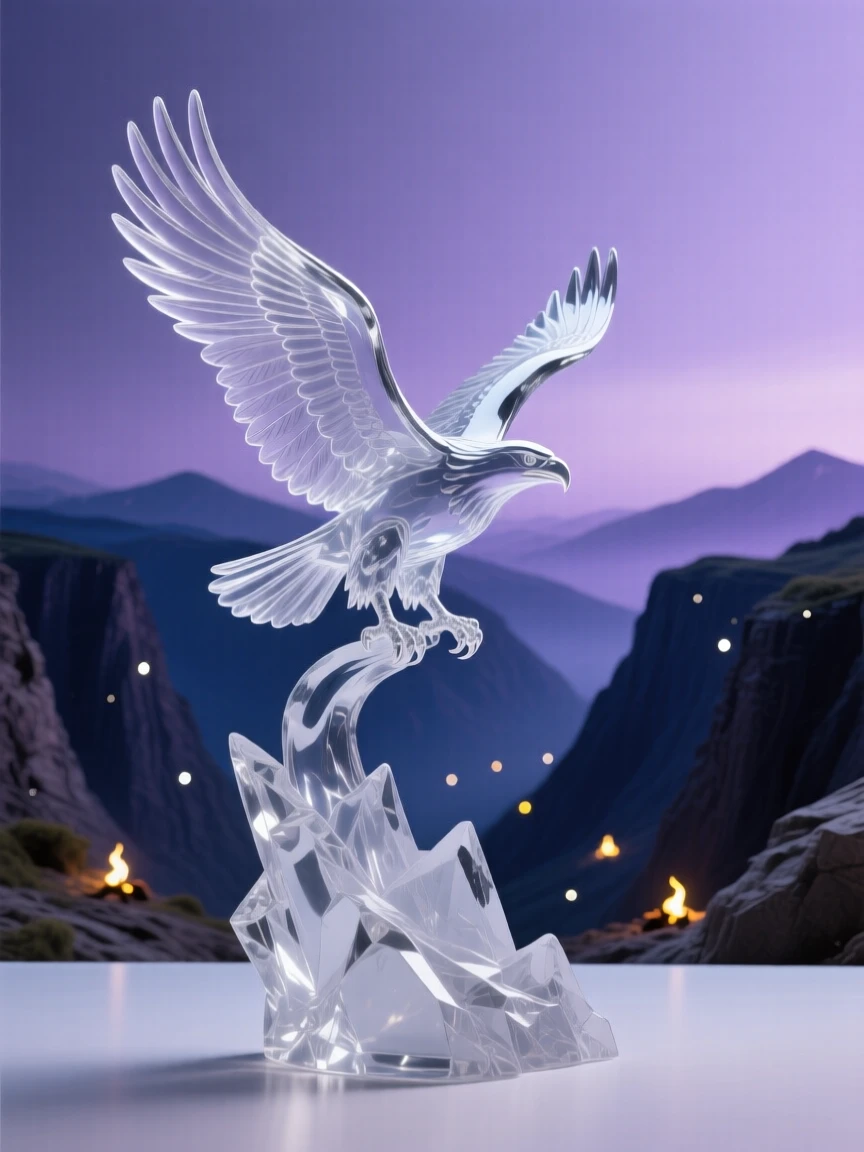 With distant mountains fading into a purple mist, a thunderbird spreading its wings above a stormy canyon, while distant lights flicker like scattered stars