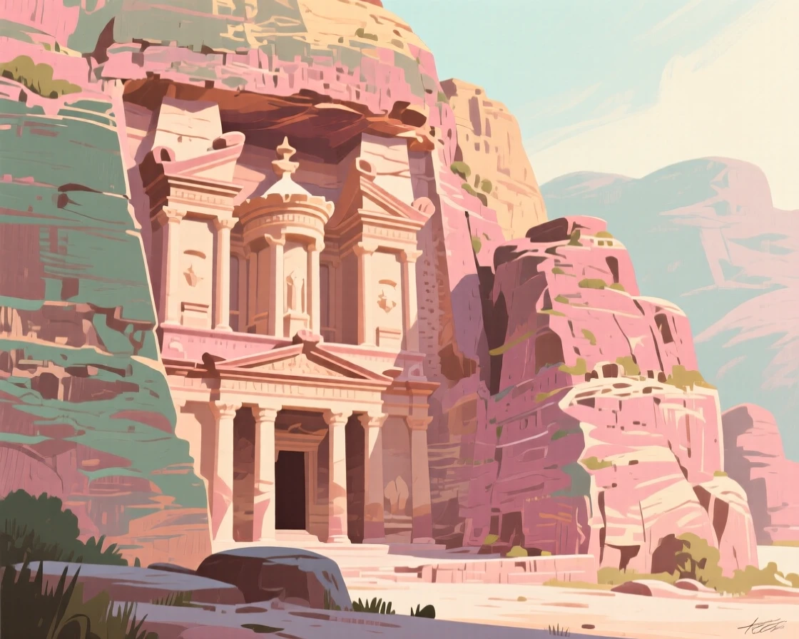 The ancient ruins of Petra carved into rose-colored cliffs