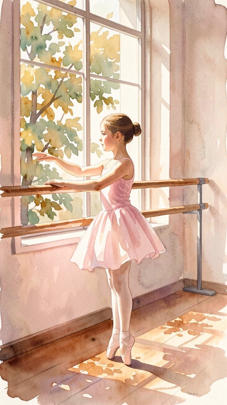A young girl practicing ballet at a barre by a window as the golden afternoon light filters through nearby trees.