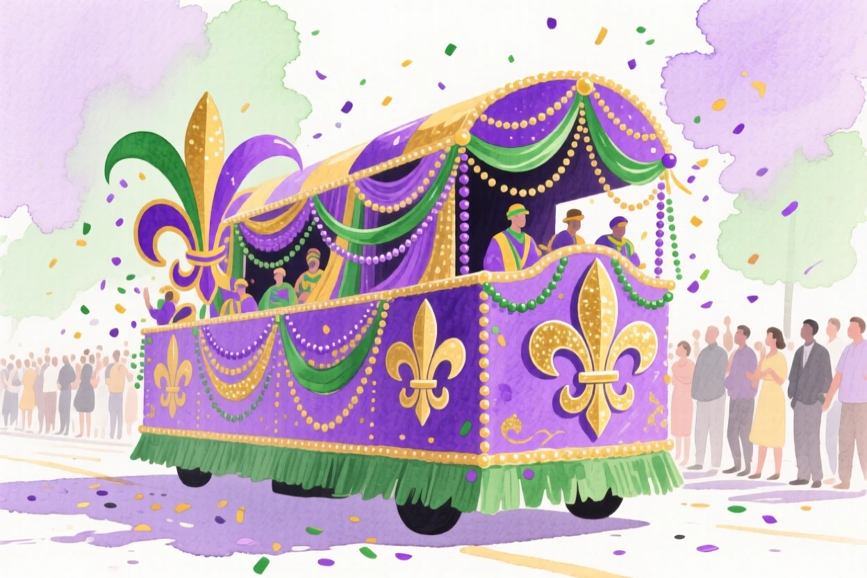 A Mardi Gras parade float covered in purple gold and green decorations moves through a festive crowd