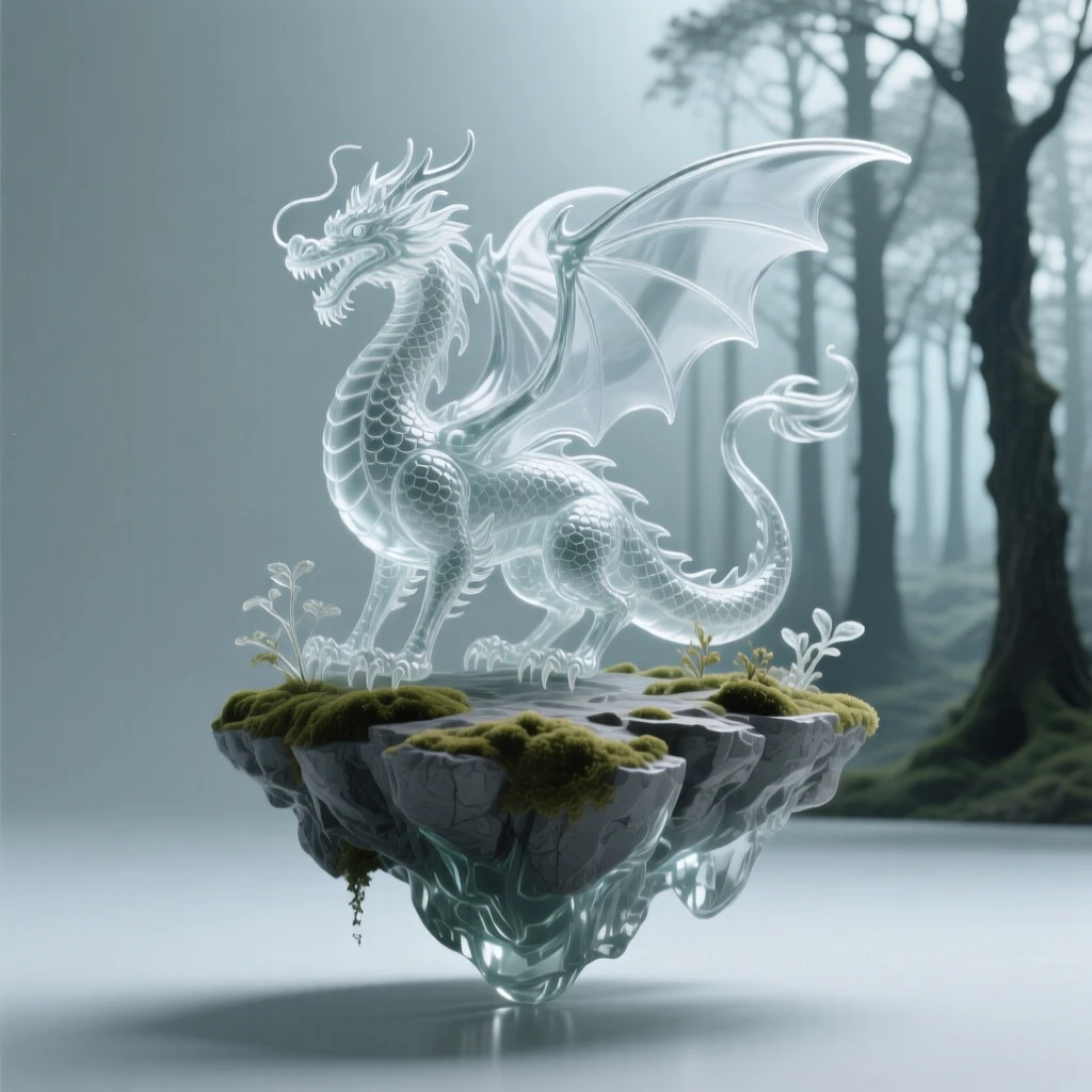 A dragon perched atop a floating island above the clouds, with an ancient forest stretching endlessly behind it