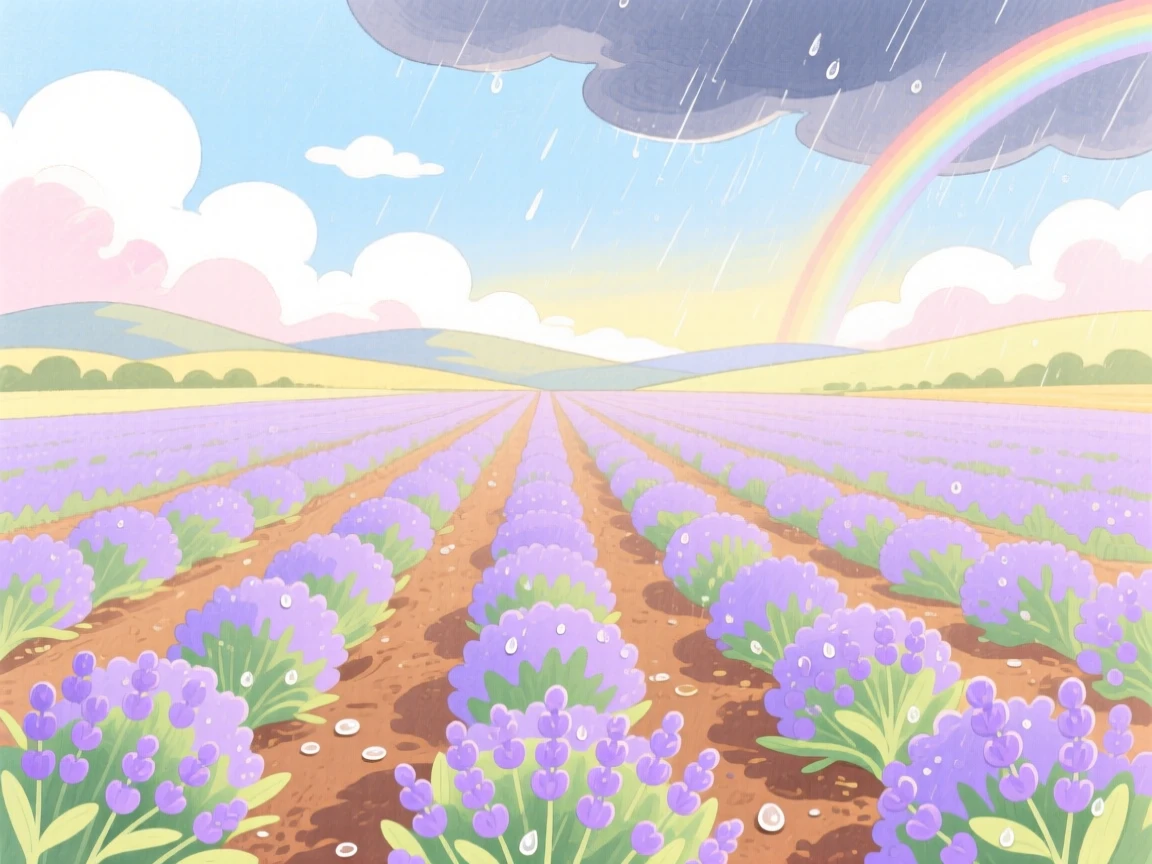 A panoramic scene of a field of lavender stretching to the horizon just after a summer storm.